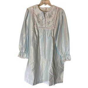 Vanity Fair Blue Long Sleeve Nightgown Lace Trim Floral Details Large